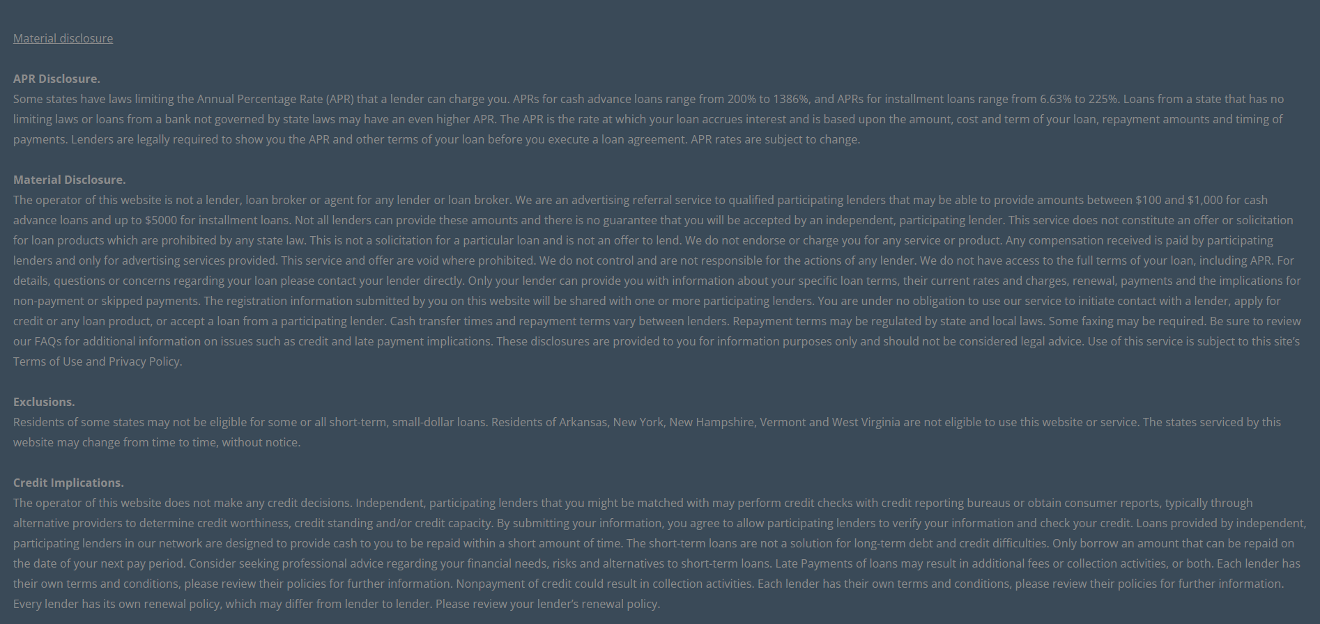 Material disclosure for payday loans in Fargo North Dakota